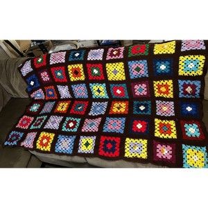 Crocheted Granny Squares Afghan Throw Blanket 70s Brown Pink Yellow 72” x 48"